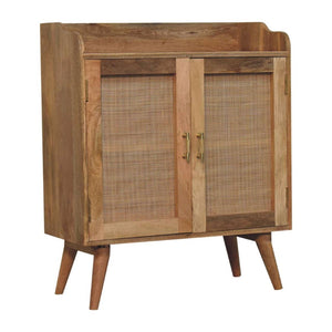 HomeRoots 35" Rustic Boho-Chic Distressed Wood Cabinet with Rattan Inlay – Stylish Storage Solution for Any Room 654286