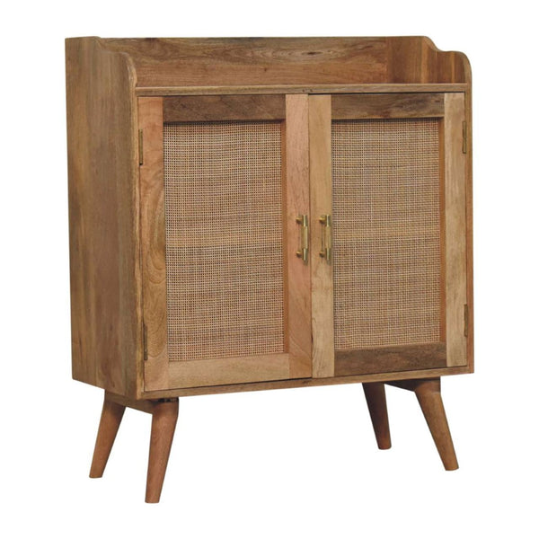 HomeRoots 35" Rustic Boho-Chic Distressed Wood Cabinet with Rattan Inlay – Stylish Storage Solution for Any Room 654286