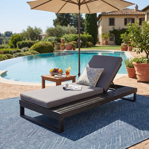 English Elm Black Acacia Hardwood Outdoor Chaise Lounge with Cushion and Built in Side Surface 65429.00CUSHDGRY_N770P407072B