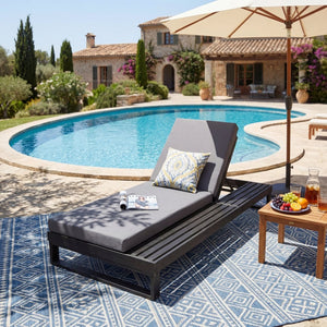 English Elm Black Acacia Hardwood Outdoor Chaise Lounge with Cushion and Built in Side Surface 65429.00CUSHDGRY_N770P407072B