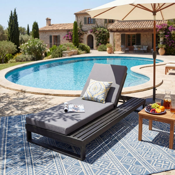 English Elm Black Acacia Hardwood Outdoor Chaise Lounge with Cushion and Built in Side Surface 65429.00CUSHDGRY_N770P407072B