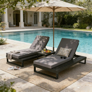 English Elm Black Acacia Hardwood Outdoor Chaise Lounge with Cushion and Built in Side Surface 65429.00CUSHDGRY_N770P407072B