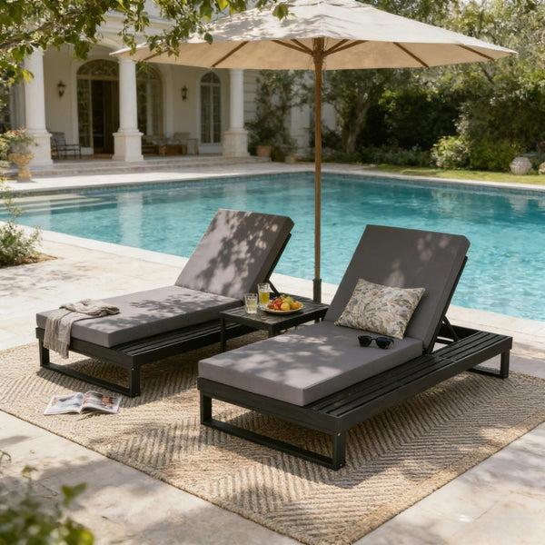 English Elm Black Acacia Hardwood Outdoor Chaise Lounge with Cushion and Built in Side Surface 65429.00CUSHDGRY_N770P407072B