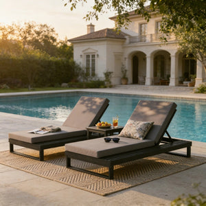 English Elm Black Acacia Hardwood Outdoor Chaise Lounge with Cushion and Built in Side Surface 65429.00CUSHDGRY_N770P407072B