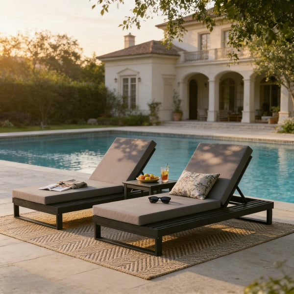 English Elm Black Acacia Hardwood Outdoor Chaise Lounge with Cushion and Built in Side Surface 65429.00CUSHDGRY_N770P407072B