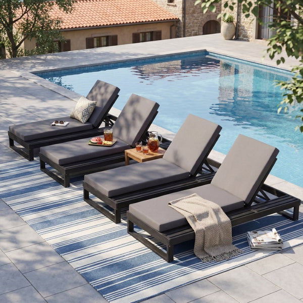 English Elm Black Acacia Hardwood Outdoor Chaise Lounge with Cushion and Built in Side Surface 65429.00CUSHDGRY_N770P407072B