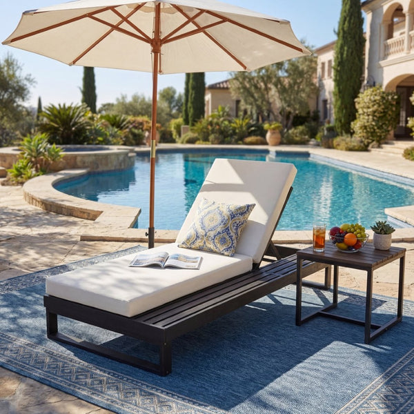 English Elm Black Acacia Wood Outdoor Chaise Lounge with Cushion Adjustable Poolside Recliner 65429.00CUSH_N770P407072B