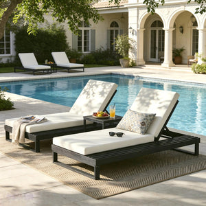 English Elm Black Acacia Wood Outdoor Chaise Lounge with Cushion Adjustable Poolside Recliner 65429.00CUSH_N770P407072B