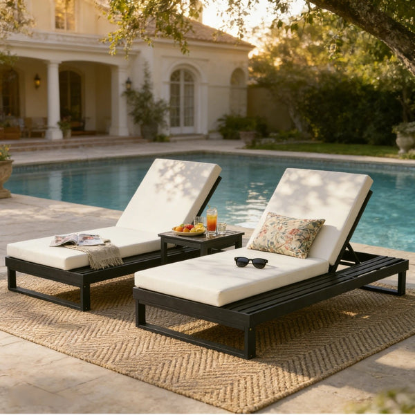 English Elm Black Acacia Wood Outdoor Chaise Lounge with Cushion Adjustable Poolside Recliner 65429.00CUSH_N770P407072B