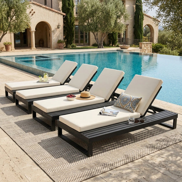English Elm Black Acacia Wood Outdoor Chaise Lounge with Cushion Adjustable Poolside Recliner 65429.00CUSH_N770P407072B