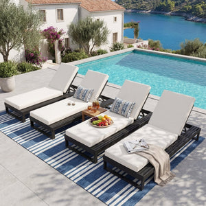 English Elm Black Acacia Wood Outdoor Chaise Lounge with Cushion Adjustable Poolside Recliner 65429.00CUSH_N770P407072B