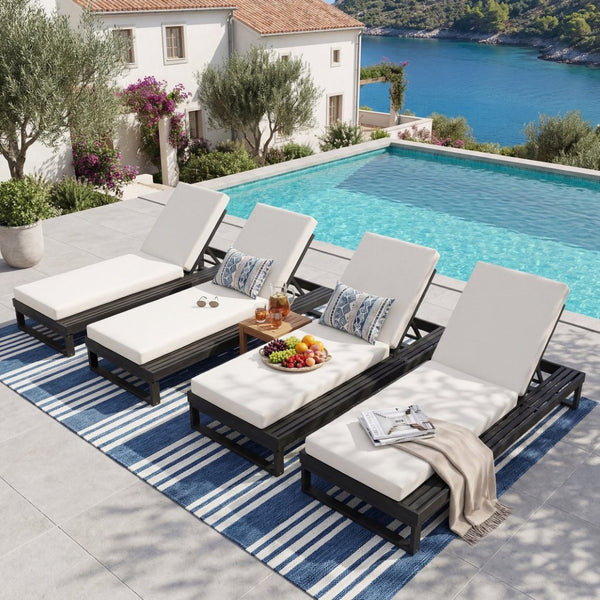 English Elm Black Acacia Wood Outdoor Chaise Lounge with Cushion Adjustable Poolside Recliner 65429.00CUSH_N770P407072B