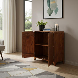 HomeRoots 32" Chestnut Solid Wood Accent Cabinet with Scalloped Edges - Stylish Storage for Any Room 654290