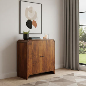HomeRoots 32" Chestnut Solid Wood Accent Cabinet with Scalloped Edges - Stylish Storage for Any Room 654290
