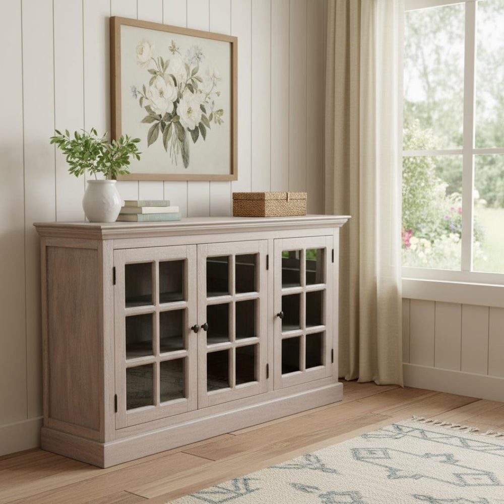 HomeRoots 35" Distressed Solid Wood Accent Cabinet with Glass Doors - Rustic Charm for Modern Farmhouse Style 654291