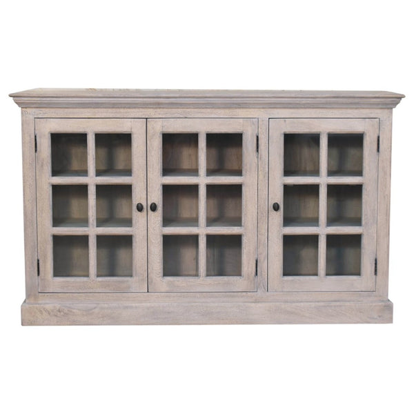 HomeRoots 35" Distressed Solid Wood Accent Cabinet with Glass Doors - Rustic Charm for Modern Farmhouse Style 654291
