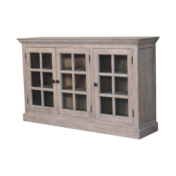 HomeRoots 35" Distressed Solid Wood Accent Cabinet with Glass Doors - Rustic Charm for Modern Farmhouse Style 654291