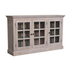 HomeRoots 35" Distressed Solid Wood Accent Cabinet with Glass Doors - Rustic Charm for Modern Farmhouse Style 654291