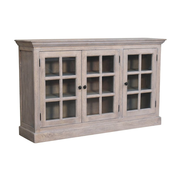 HomeRoots 35" Distressed Solid Wood Accent Cabinet with Glass Doors - Rustic Charm for Modern Farmhouse Style 654291