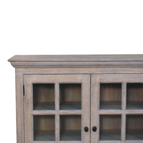 HomeRoots 35" Distressed Solid Wood Accent Cabinet with Glass Doors - Rustic Charm for Modern Farmhouse Style 654291