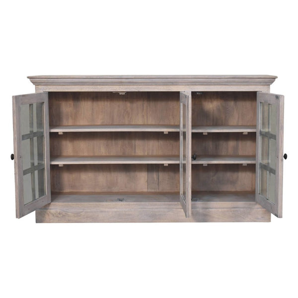 HomeRoots 35" Distressed Solid Wood Accent Cabinet with Glass Doors - Rustic Charm for Modern Farmhouse Style 654291