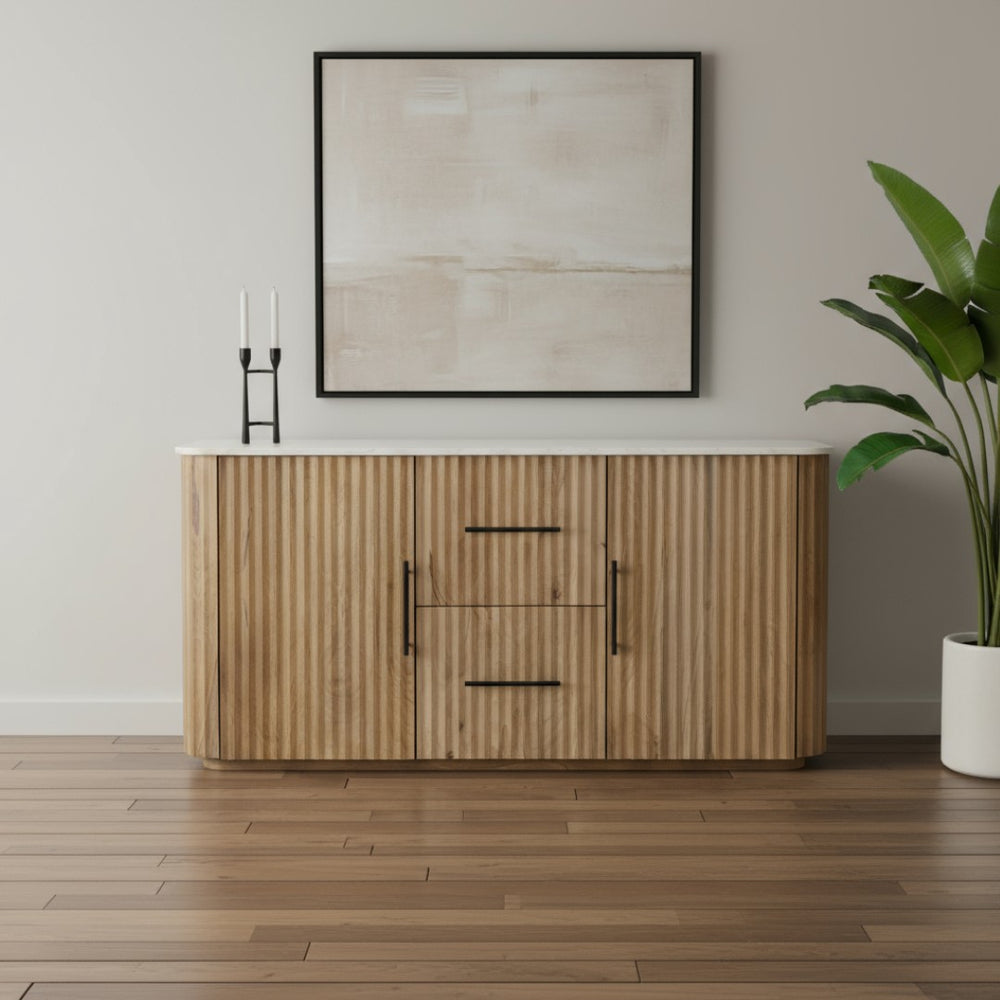 HomeRoots 63" Brown and White Solid Wood & Marble Ribbed Sideboard - Stylish Storage for Every Room 654295