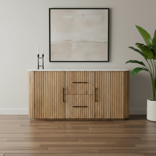 HomeRoots 63" Brown and White Solid Wood & Marble Ribbed Sideboard - Stylish Storage for Every Room 654295