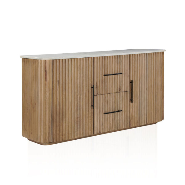 HomeRoots 63" Brown and White Solid Wood & Marble Ribbed Sideboard - Stylish Storage for Every Room 654295