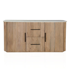 HomeRoots 63" Brown and White Solid Wood & Marble Ribbed Sideboard - Stylish Storage for Every Room 654295