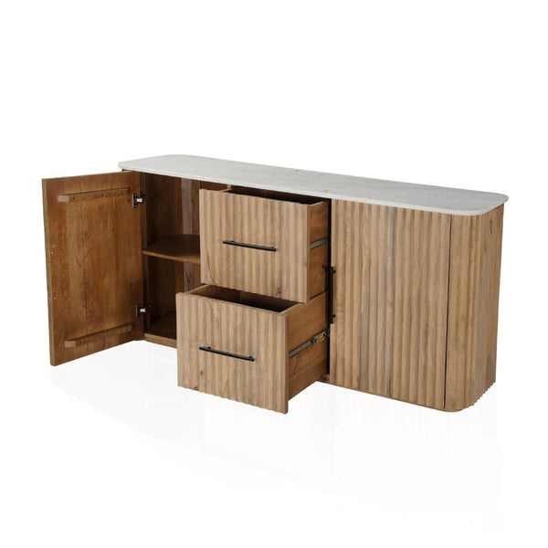 HomeRoots 63" Brown and White Solid Wood & Marble Ribbed Sideboard - Stylish Storage for Every Room 654295