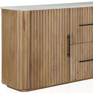 HomeRoots 63" Brown and White Solid Wood & Marble Ribbed Sideboard - Stylish Storage for Every Room 654295
