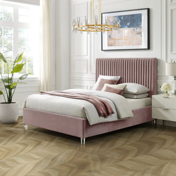 HomeRoots Blush Tufted Velvet Queen Bed Frame - Luxe Upholstered Platform Design with Cozy Modern Style 654296