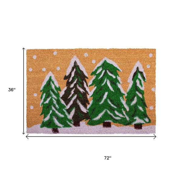 HomeRoots 36" Festive Brown Green and White Christmas Tree Coir Door Mat for Outdoor Entryway Charm 3'x6' 654388