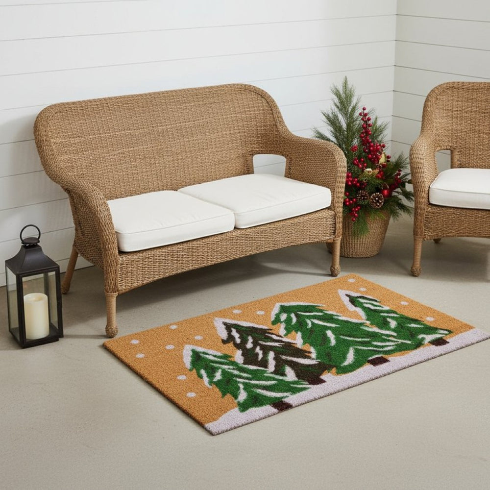 HomeRoots 36" Festive Brown Green and White Christmas Tree Coir Door Mat for Outdoor Entryway Charm 3'x6' 654388
