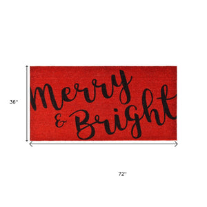 HomeRoots 36" Welcome Holiday Guests with Merry & Bright Red and Black Coir Outdoor Doormat for Entryways 3'x6' 654391