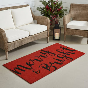 HomeRoots 36" Welcome Holiday Guests with Merry & Bright Red and Black Coir Outdoor Doormat for Entryways 3'x6' 654391