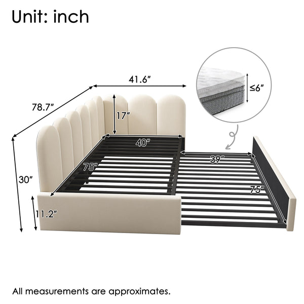 English Elm Upholstered Twin Daybed with Pull-Out Trundle, Velvet Upholstery, Metal Slatted Frame, 300lb Capacity Beige AA20362122B
