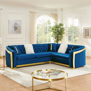 English Elm 106 Inch Velvet Tufted Chesterfield Sectional with Gold Steel Legs for Large Living Rooms Blue W1191S00126