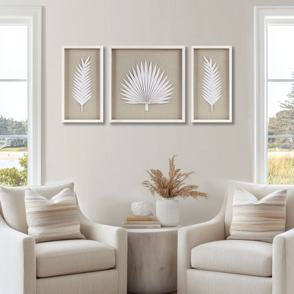 JLA Home Madison Park - Framed Rice Paper Palm Leaves Trio Shadowbox Set — Handmade Neutral Textured Wall Art for Coastal Homes MP95B-0294