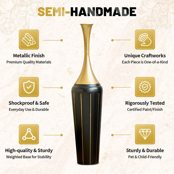 English Elm 3-piece Handcrafted Metal Floor Vase Set Matte Finish Architectural Trio for Entryway Black+Gold W2796P446204