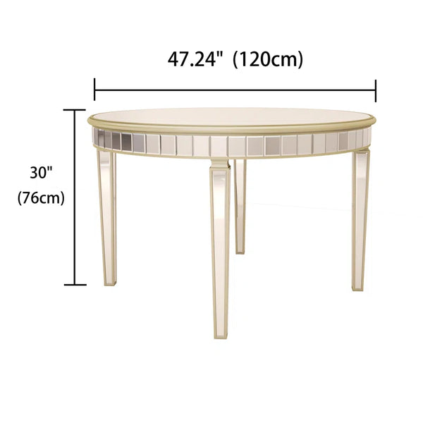 English Elm 47.24" Round Glass Dining Table with Mirror Top Silver Vintage Gold Geometric Frame Elegant Centerpiece W3207P285434