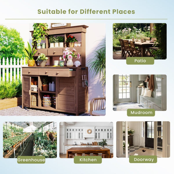 English Elm Topmax 65.7'' H Potting Bench Table With Hutch - Ergonomic Garden Workstation & Storage N717P229024D-GIGA