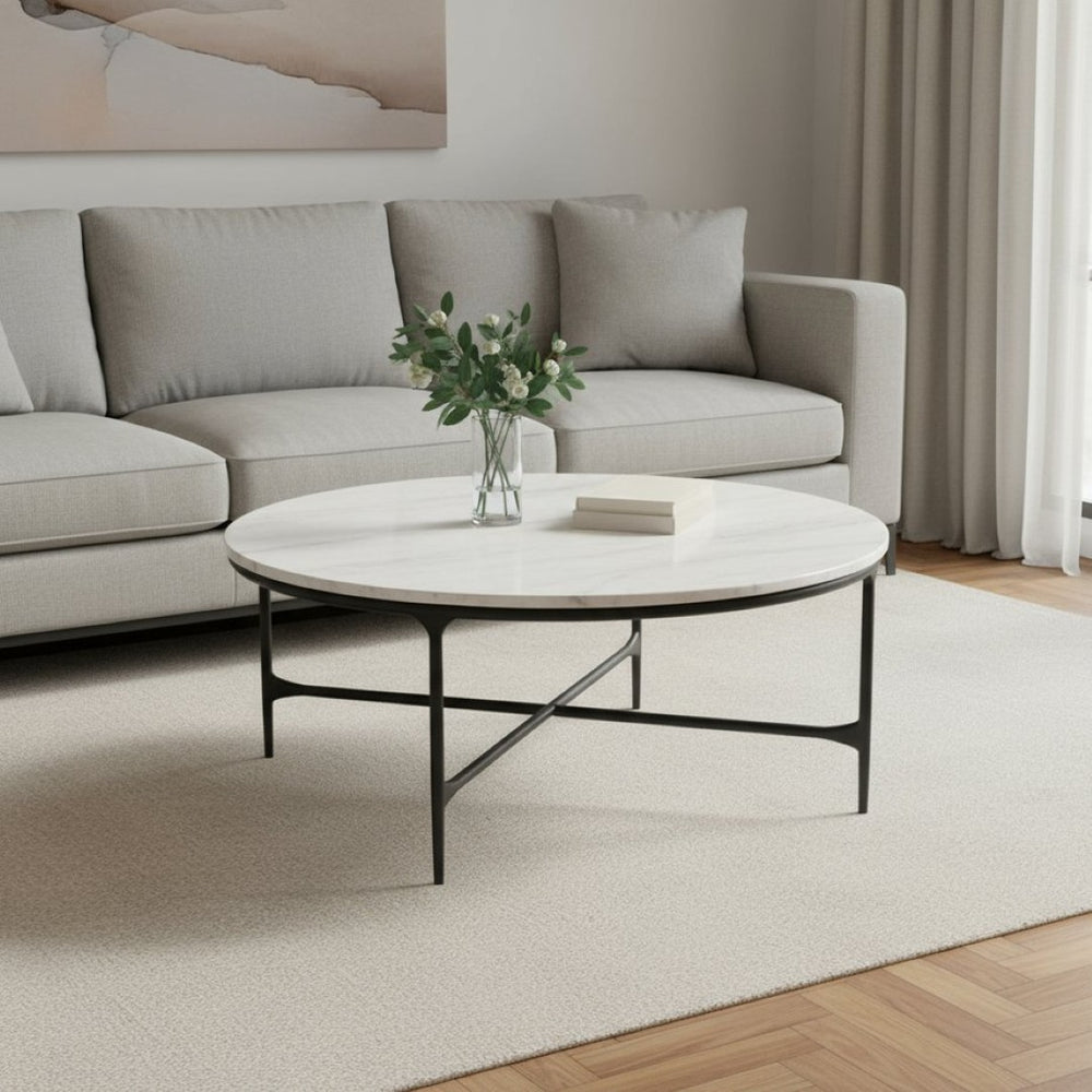 HomeRoots 55" Round Marble and Iron Coffee Table - Modern Minimalist Design with Durable Cross Legs for Any Space 654550
