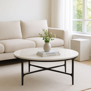 HomeRoots 55" Round Marble and Iron Coffee Table - Modern Minimalist Design with Durable Cross Legs for Any Space 654550