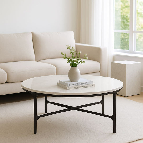 HomeRoots 55" Round Marble and Iron Coffee Table - Modern Minimalist Design with Durable Cross Legs for Any Space 654550