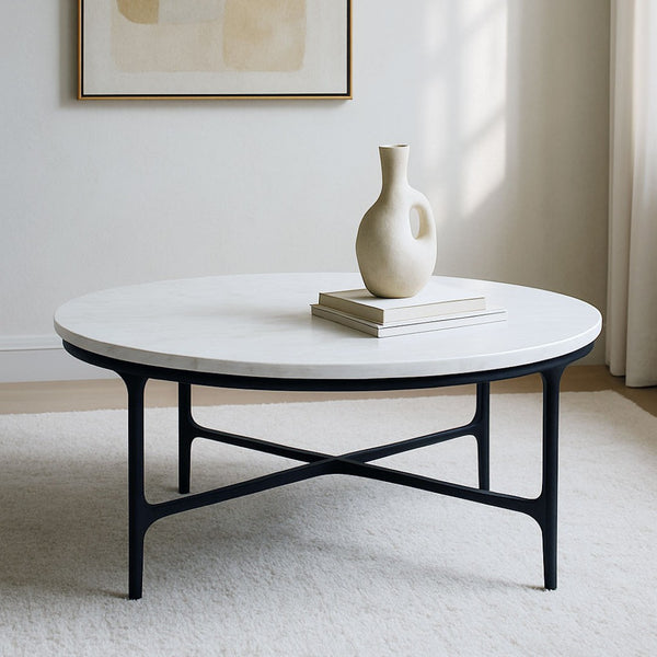 HomeRoots 55" Round Marble and Iron Coffee Table - Modern Minimalist Design with Durable Cross Legs for Any Space 654550