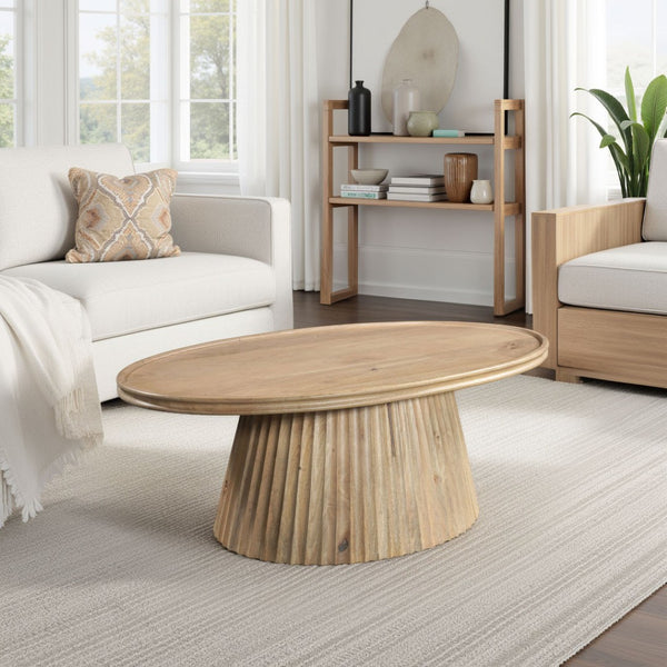 HomeRoots 48" Light Brown Solid Wood Oval Pedestal Coffee Table - Modern Design for Versatile Living Spaces 654551