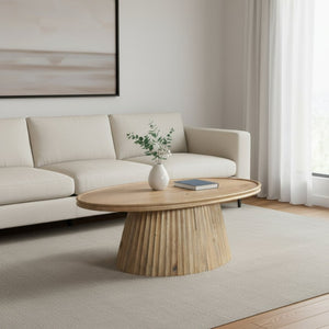 HomeRoots 48" Light Brown Solid Wood Oval Pedestal Coffee Table - Modern Design for Versatile Living Spaces 654551