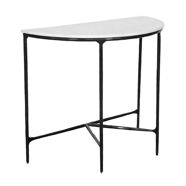 HomeRoots 36" Half Moon Console Table - Elegant White Marble Top with Black Iron Base for Modern Spaces 654552