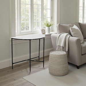 HomeRoots 36" Half Moon Console Table - Elegant White Marble Top with Black Iron Base for Modern Spaces 654552
